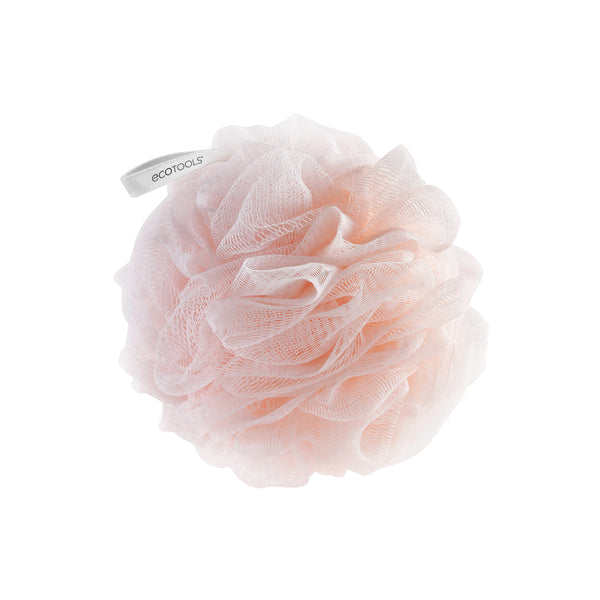 Pink EcoPouf bath sponge, rosette-style loofah scrub pad