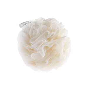 Cream recycled EcoPouf mesh bath pouf with ruffled net texture