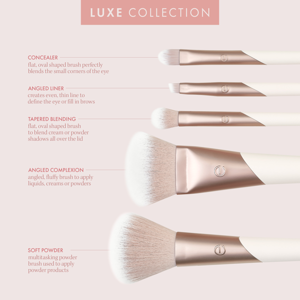 Luxe Collection makeup brushes shown by brush head shapes: flat, angled, tapered, and fluffy