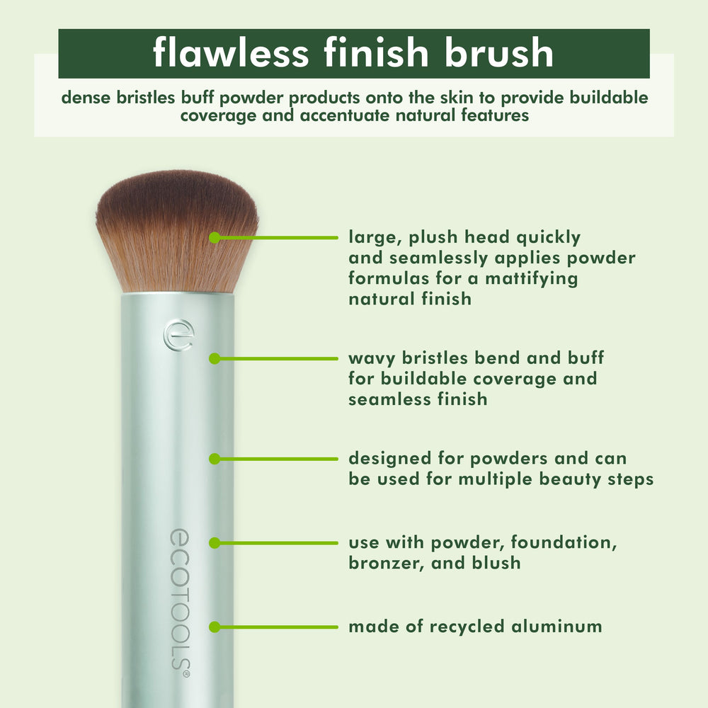 Powder makeup brush with teal metal handle and rounded soft brown bristles