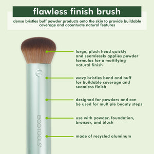 Powder makeup brush with light teal metal handle and soft brown dense bristles
