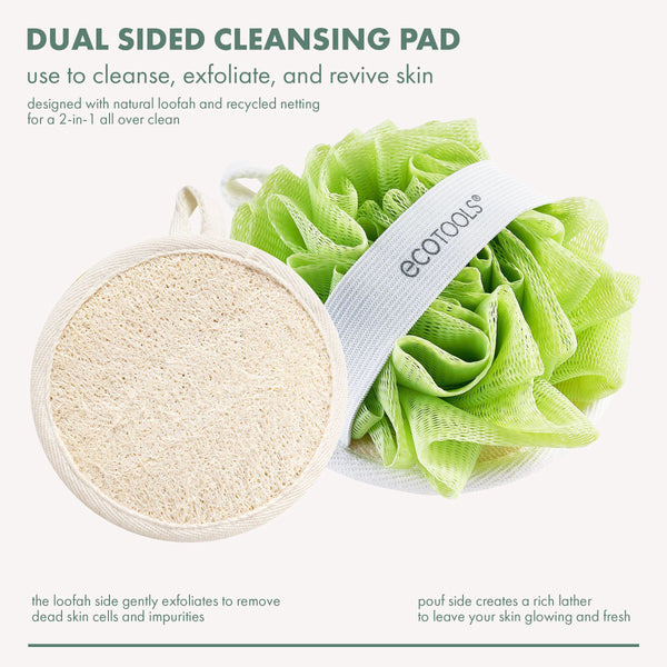 Dual-sided cleansing pad showing beige exfoliating side and green puff side with ECOTOOLS®