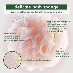 Soft loofah bath sponge scrubber in blush pink mesh flower with hanging strap