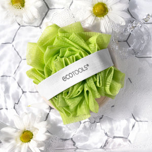 Green loofah cleansing pad with ECOTOOLS® band, ruffled mesh puff surface