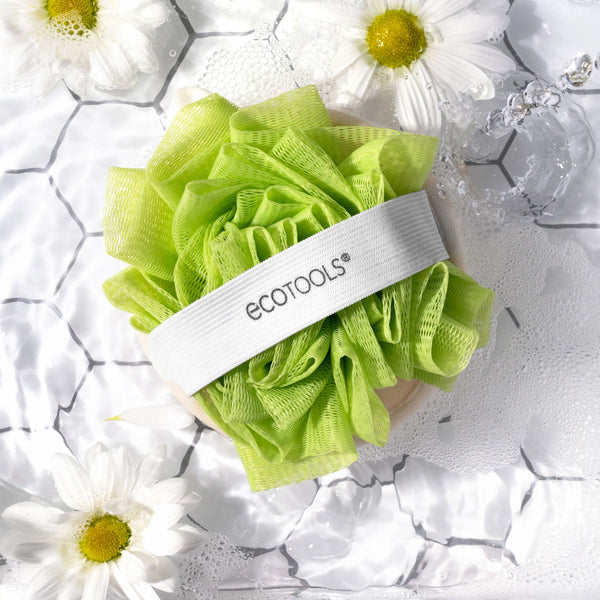 Green loofah cleansing pad with ECOTOOLS® band, ruffled mesh puff surface