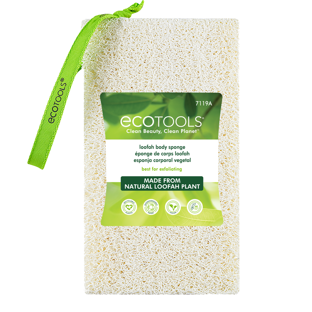 Natural loofah body sponge with green hanging strap, rectangular exfoliating pad