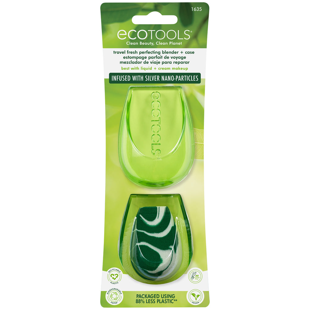 Lime green teardrop makeup sponge blender with clear travel case