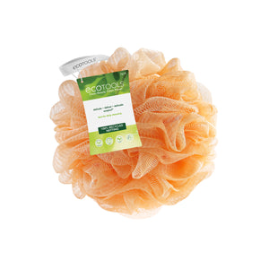 Peach recycled EcoPouf scrub pouch with eco care label tag attached