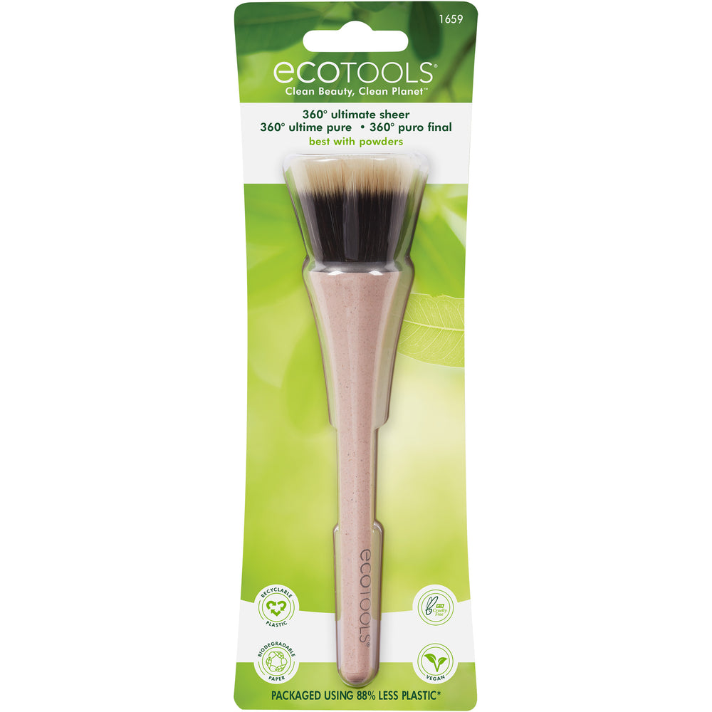 Foundation makeup brush with dense tapered bristles and light pink speckled handle