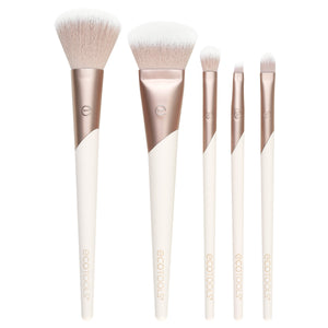 Makeup brush set with white shafts, rose-gold ferrules, and light bristle heads (5 pcs)