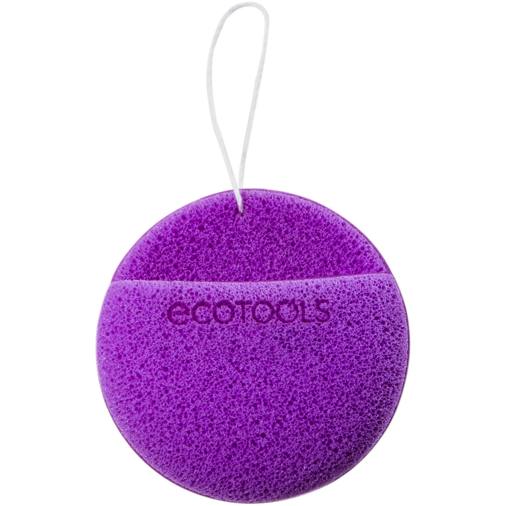 Purple facial cleansing sponge with loop string, soft textured surface by ecotools