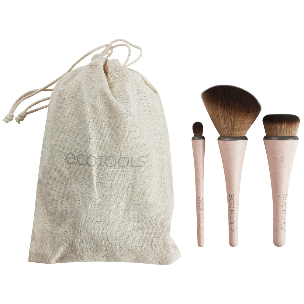 Hemp makeup brush kit with beige drawstring pouch and three compact face brushes