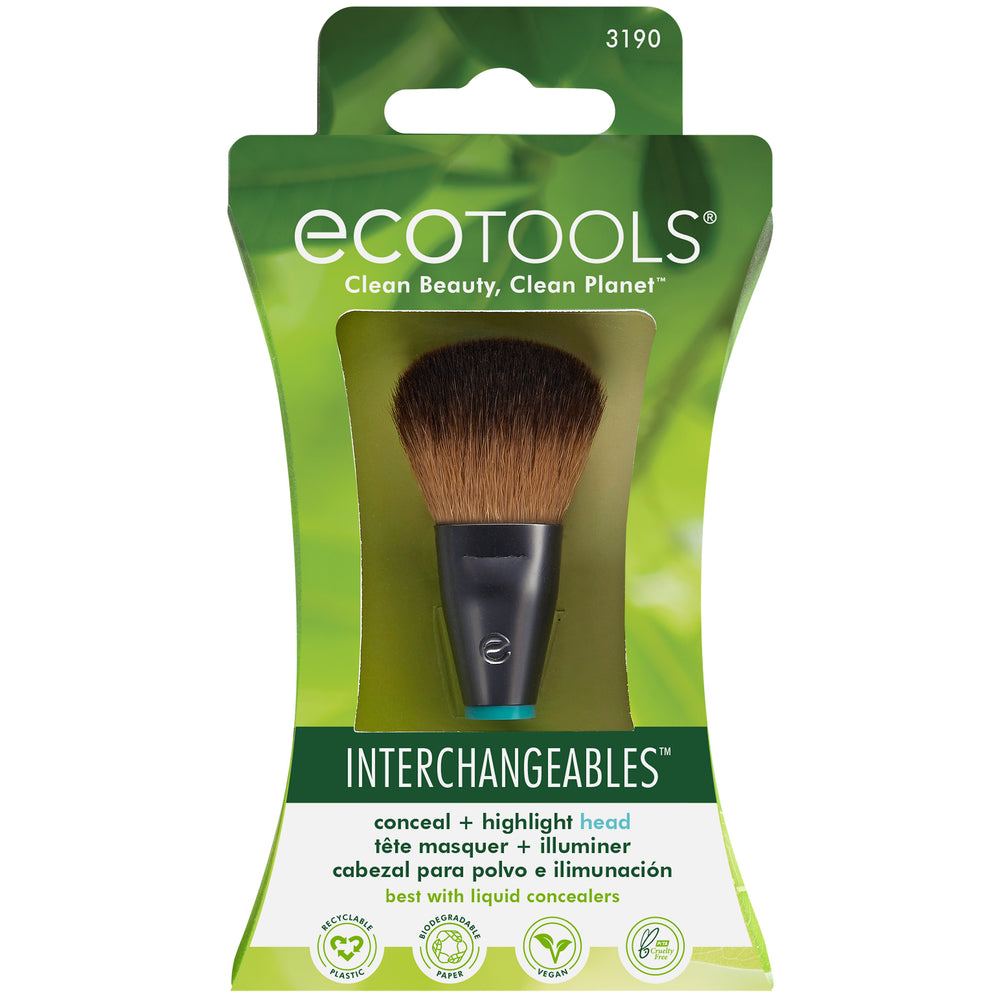 Conceal and highlight makeup brush head with brown bristles and silver handle