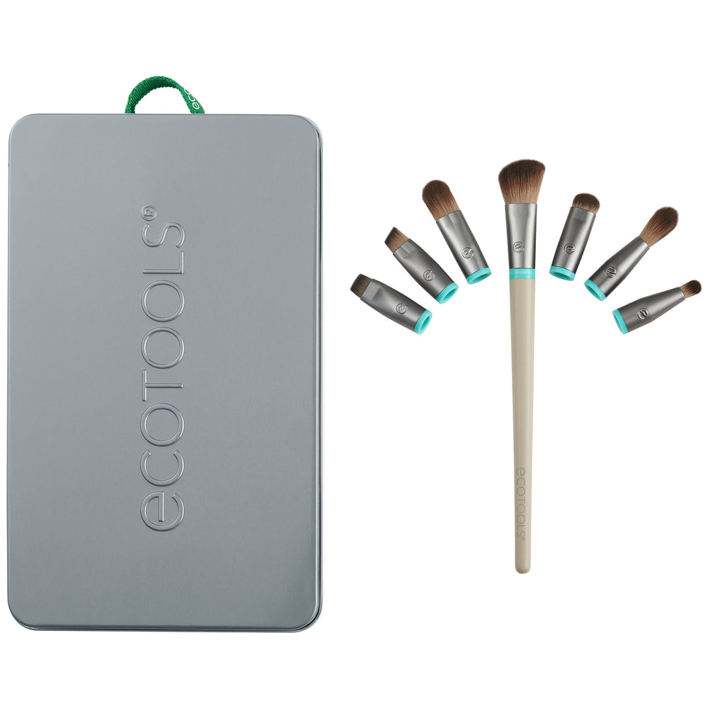 Eye makeup brush kit with protective case and multiple interchangeable brush heads