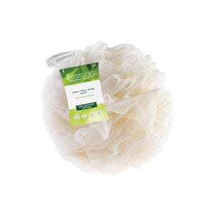 Cream recycled EcoPouf mesh bath pouf with EcoTools label on top