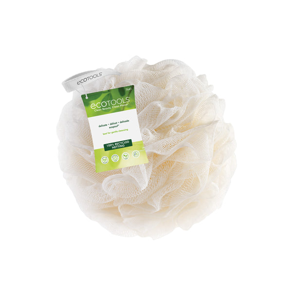 Cream recycled EcoPouf mesh bath pouf with EcoTools label on top