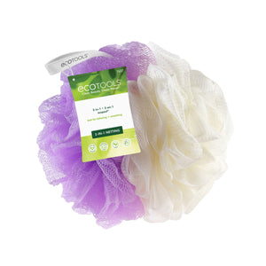 2-in-1 bath pouf with ecotools care card, purple and cream mesh