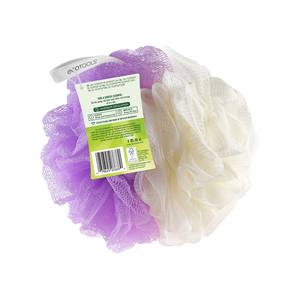 2-in-1 bath pouf with product label, purple and cream mesh