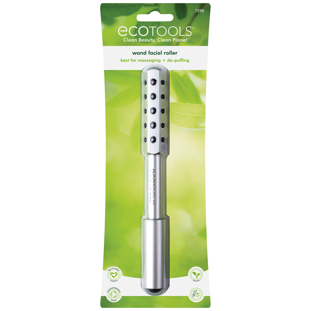 Silver ECOTOOLS wand facial roller with perforated head and smooth handle