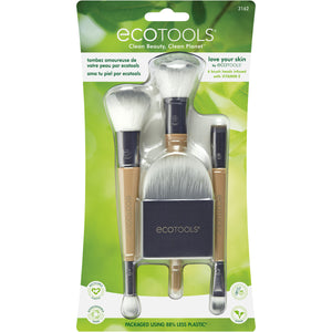 ECOTOOLS makeup brush kit in green blister pack with three brushes and case