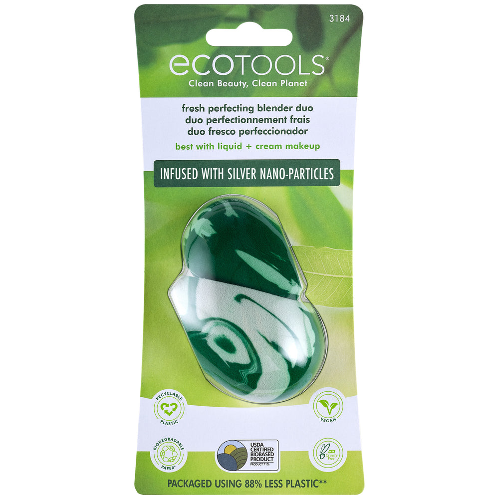 Teardrop facial sponge duo in green-and-white marble pattern.