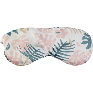 Satin sleep mask with pastel tropical leaf print and adjustable side strap