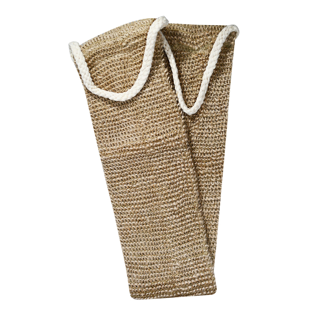 Exfoliating back scrubber pouch-style with two white loop handles