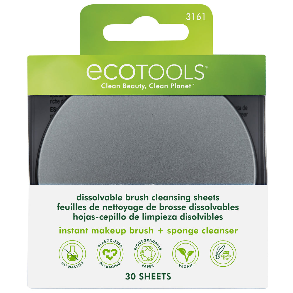 Stack of white dissolvable cleansing sheets with gray EcoTools tin lid