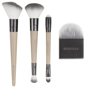 Makeup brush kit with three face brushes and ECOTOOLS travel case