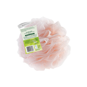 Pink EcoPouf bath sponge with rosette loofah texture and hang tag