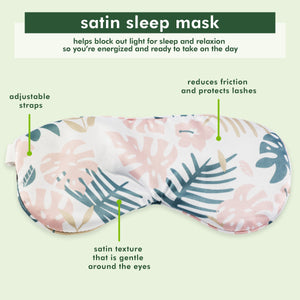 Satin sleep mask with gentle satin texture and pastel tropical leaf print