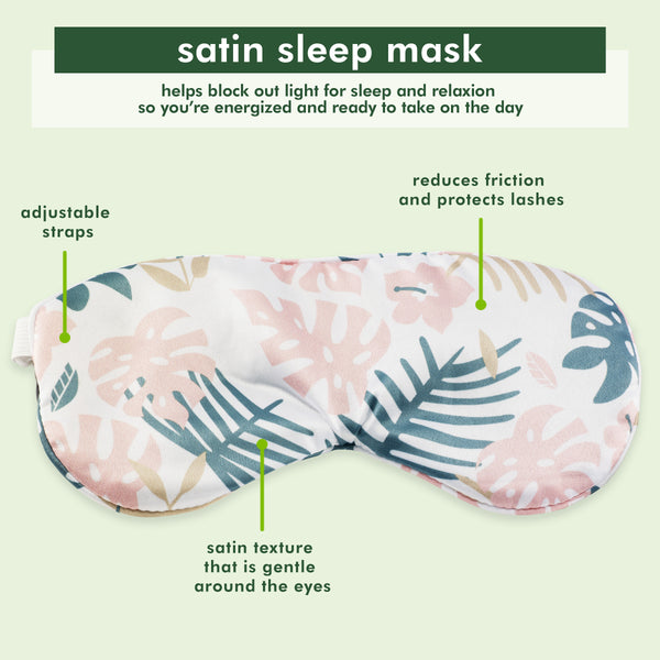 Satin sleep mask with gentle satin texture and pastel tropical leaf print