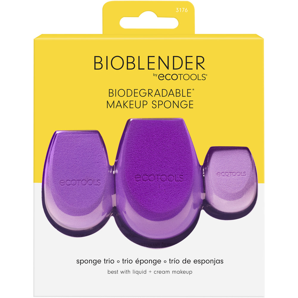 Purple makeup sponge trio with teardrop shapes, marked ecotools on each sponge