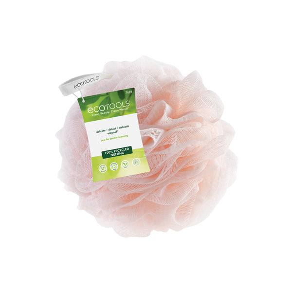 Pink EcoPouf bath sponge with rosette-style loofah texture