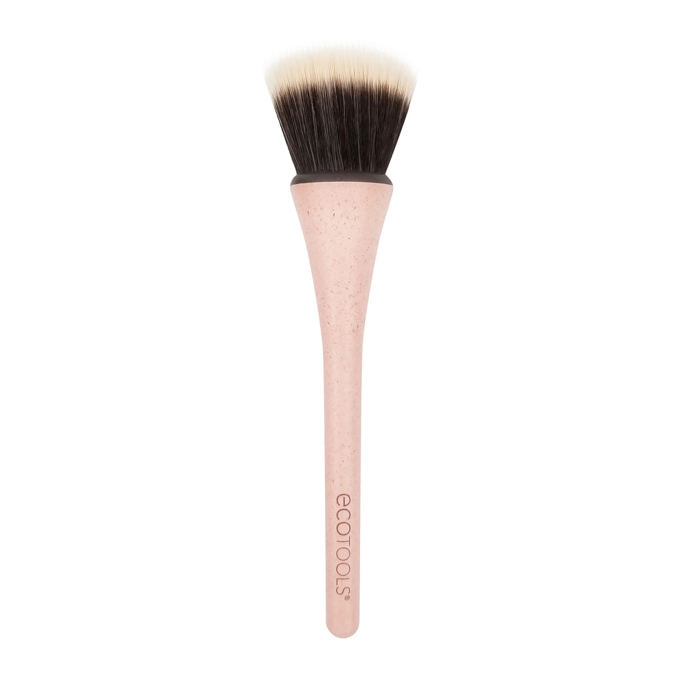 Foundation makeup brush with dense tapered bristles and light pink speckled handle