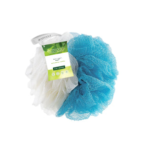2-in-1 eco pouf scrub sponges with blue and cream mesh poufs, product label visible
