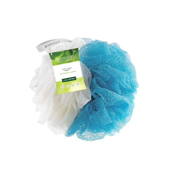 2-in-1 eco pouf scrub sponges with blue and cream mesh poufs, product label visible