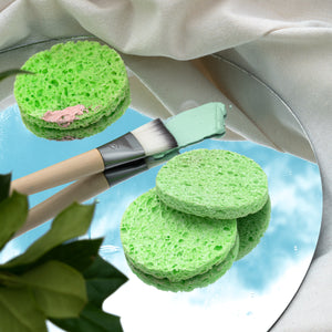 Green porous mask remover sponges with facial brush on plate