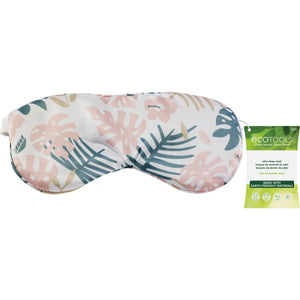 Satin sleep mask with pink and teal tropical leaf pattern, front view