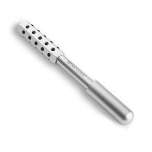 Silver wand facial roller with perforated head and rounded handle, angled