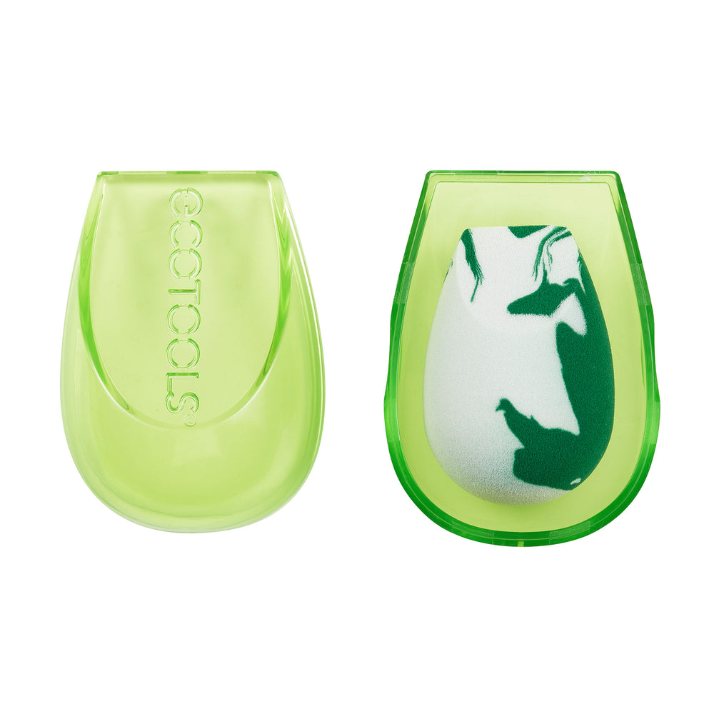 Lime green teardrop makeup sponge blender with clear travel case