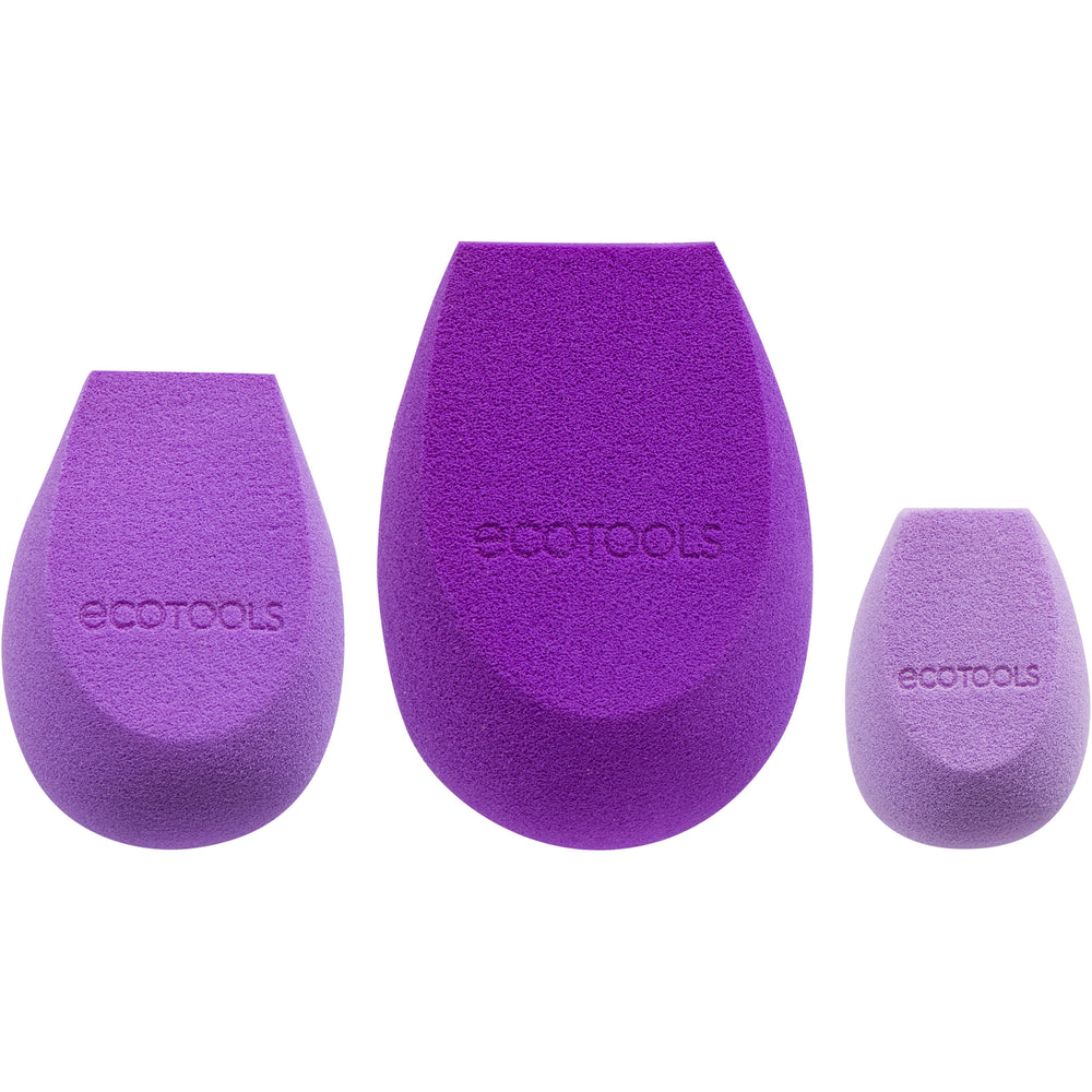 Purple makeup sponge trio with teardrop shapes, marked ecotools on each sponge