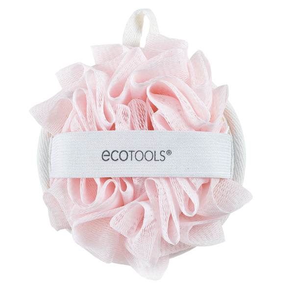 Pink dual cleansing pad with fluffy loofah mesh, round shape, and hanging loop.