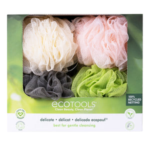 Delicate EcoPouf bath sponge variety set with cream, pink, gray, and lime green sponges