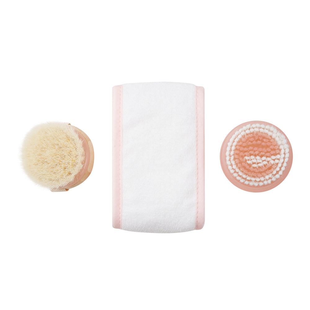 Facial cleanse & prep kit with towel pouch and two round cleansing brushes