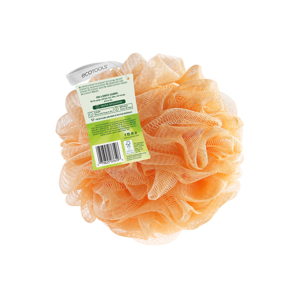 Peach recycled EcoPouf scrub pouch with barcode and care label