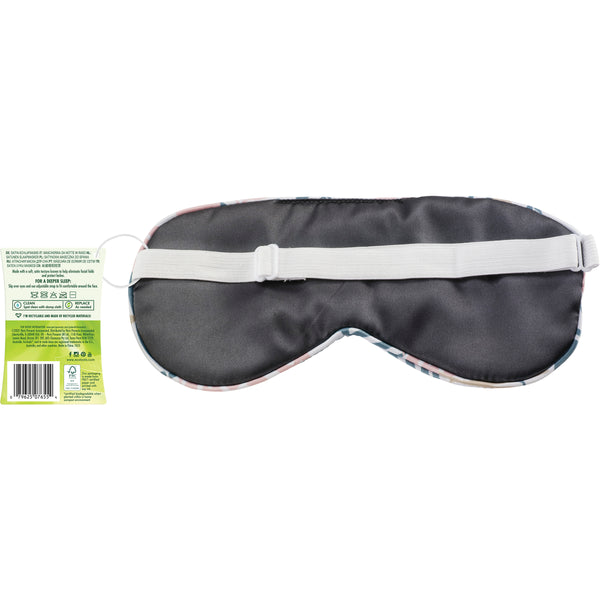 Satin sleep mask, black back with light gray adjustable strap and elastic