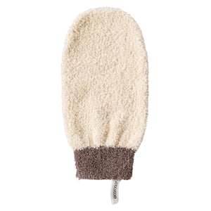 Grey bath & shower mitt with textured exfoliating fabric and dark cuff