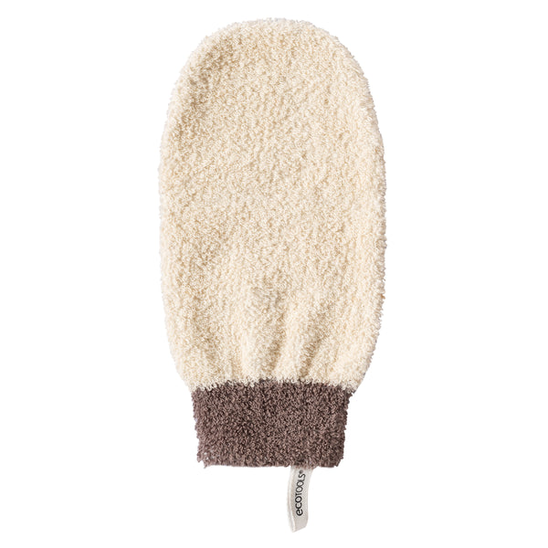 Grey bath & shower mitt with textured exfoliating fabric and dark cuff