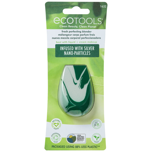 ECOtools facial blending sponge in blister pack, showing green and white teardrop sponge.